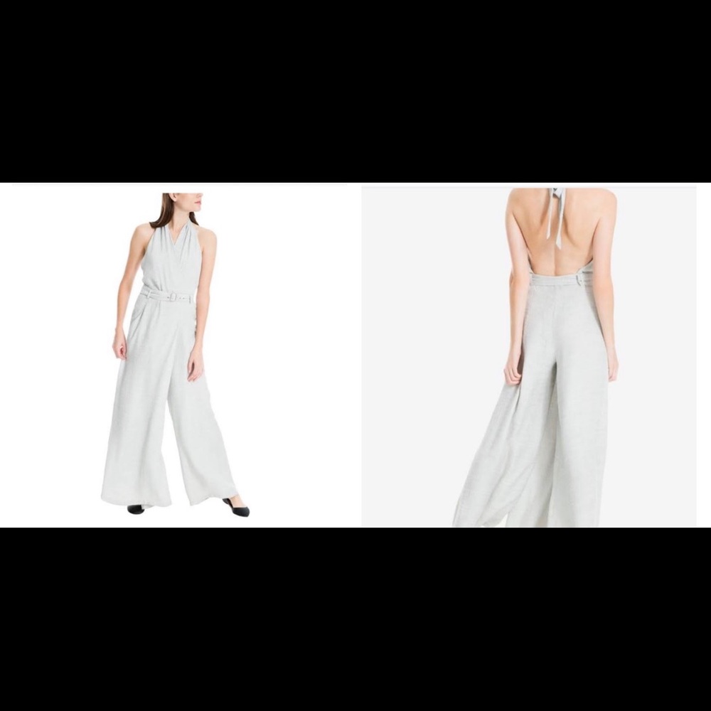 Max Studio Belted Wide Leg Jumpsuit Light Grey M